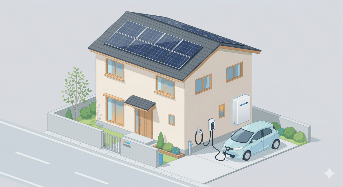太陽光パネルと蓄電池を備えた住宅のイラスト
